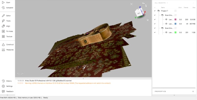 Two separate scan groups containing three 3D scans are displayed simultaneously. Users can toggle visibility with the checkmarks in the object panel.