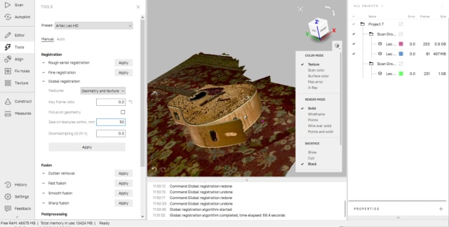 Global registration in Artec Studio 15. Note the alignment error (bottom left of guitar) after the first attempt. Increasing the key frame ratio solved this error but increased processing time.