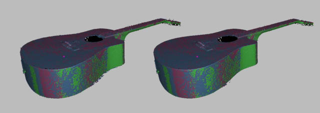 Before (left) and after (right) outlier removal. Note the differences around the edges of the guitar.
