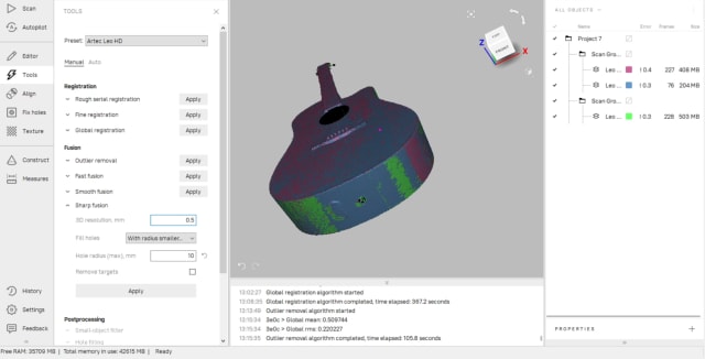 Performing sharp fusion in Artec Studio 15 with a 3D resolution of 0.5mm. Note the scan error rates of 0.4, 0.3, and 0.3 in the panel on the right.